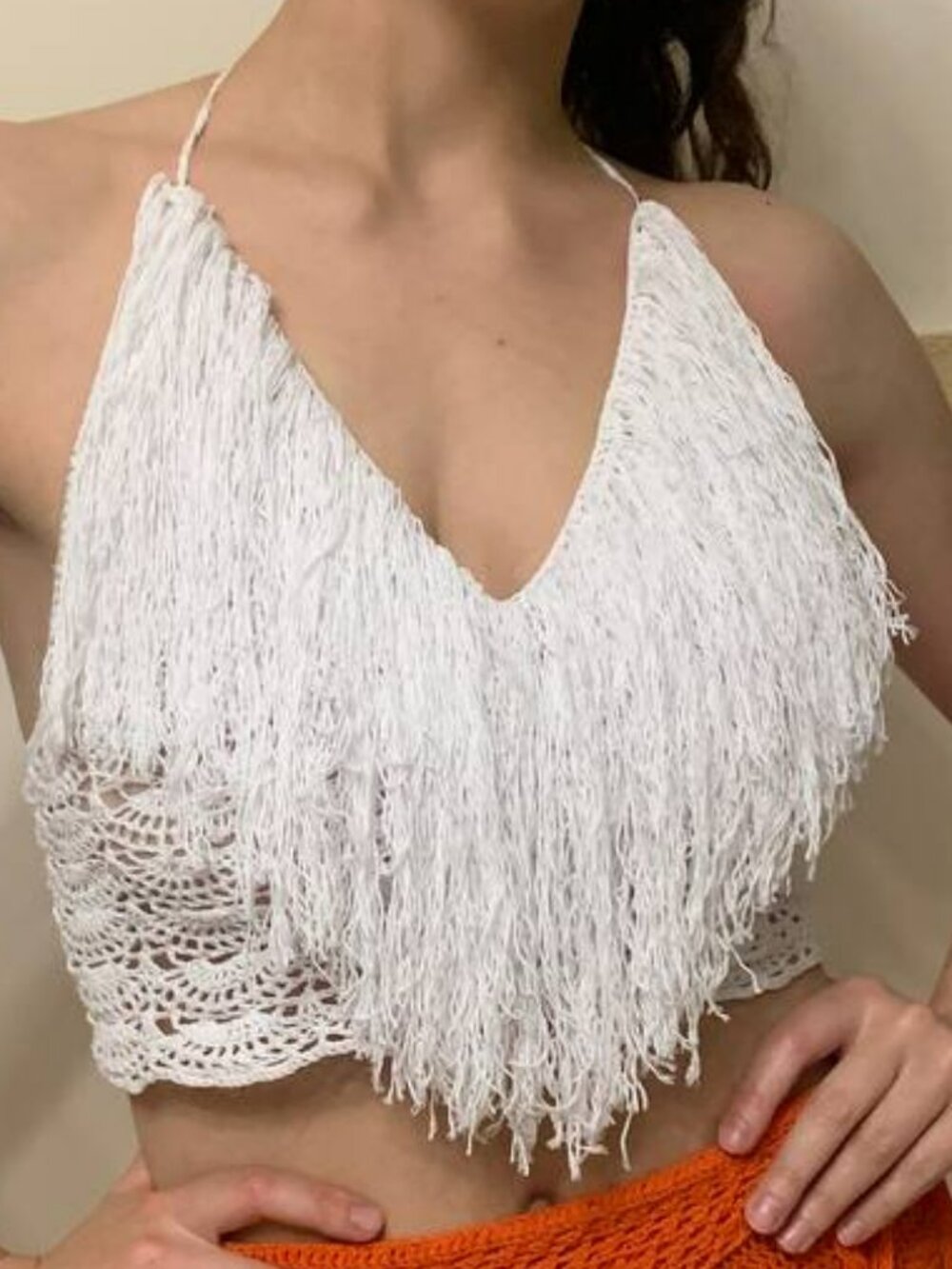 Handmade White Crochet Fringe Top Boho Festival Halter Crop
